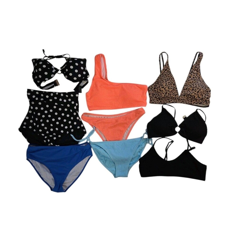 Swim Suit Mixed Lot Women Large Black Coral Blue Polka Dot Leopard Print Bikini